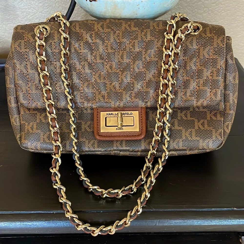 Karl Lagerfeld Brown Patterned Chain Shoulder Bag